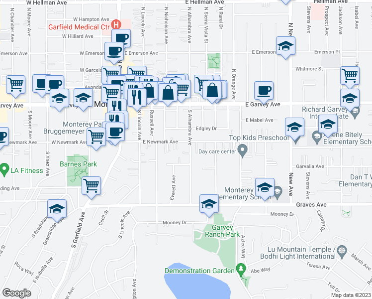 map of restaurants, bars, coffee shops, grocery stores, and more near 315 South Alhambra Avenue in Monterey Park