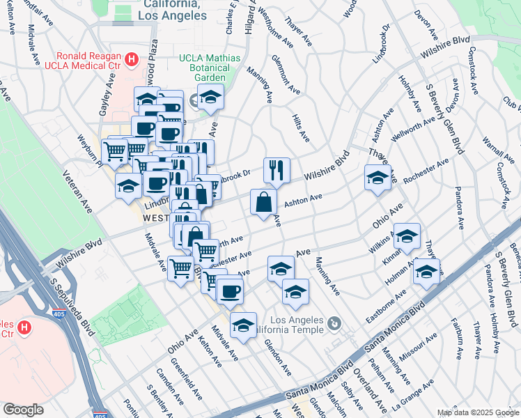 map of restaurants, bars, coffee shops, grocery stores, and more near 10775 Ashton Avenue in Los Angeles