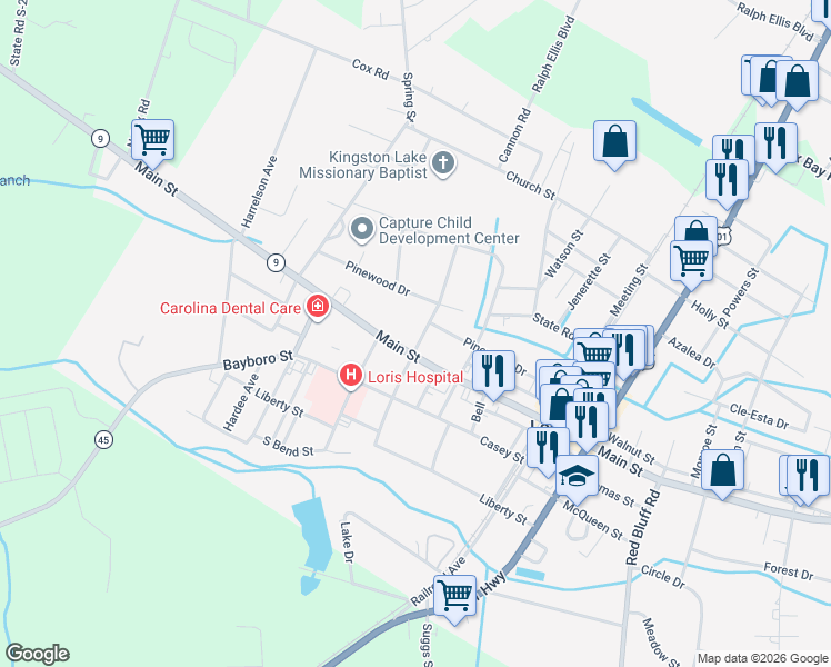 map of restaurants, bars, coffee shops, grocery stores, and more near 4165 Stevens Street in Loris