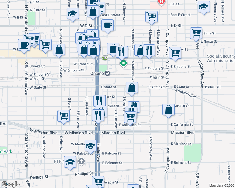 map of restaurants, bars, coffee shops, grocery stores, and more near 312 East Park Street in Ontario