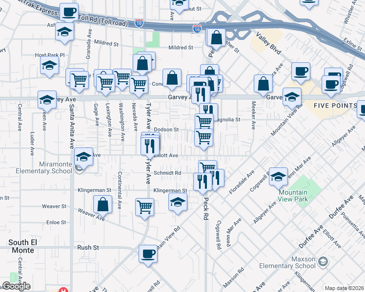 map of restaurants, bars, coffee shops, grocery stores, and more near 11209 Elliott Avenue in El Monte