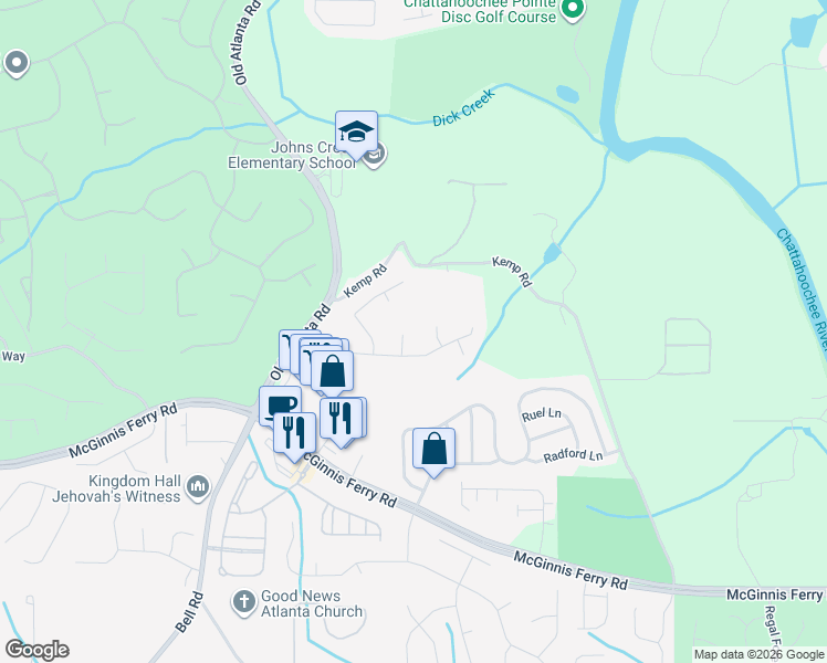 map of restaurants, bars, coffee shops, grocery stores, and more near 6630 Eagle Point in Suwanee