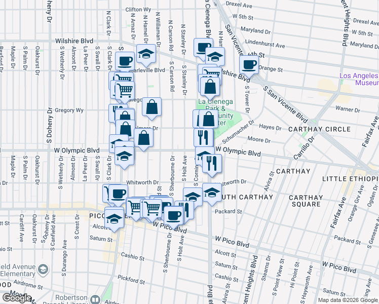 map of restaurants, bars, coffee shops, grocery stores, and more near 1001 South Holt Avenue in Los Angeles