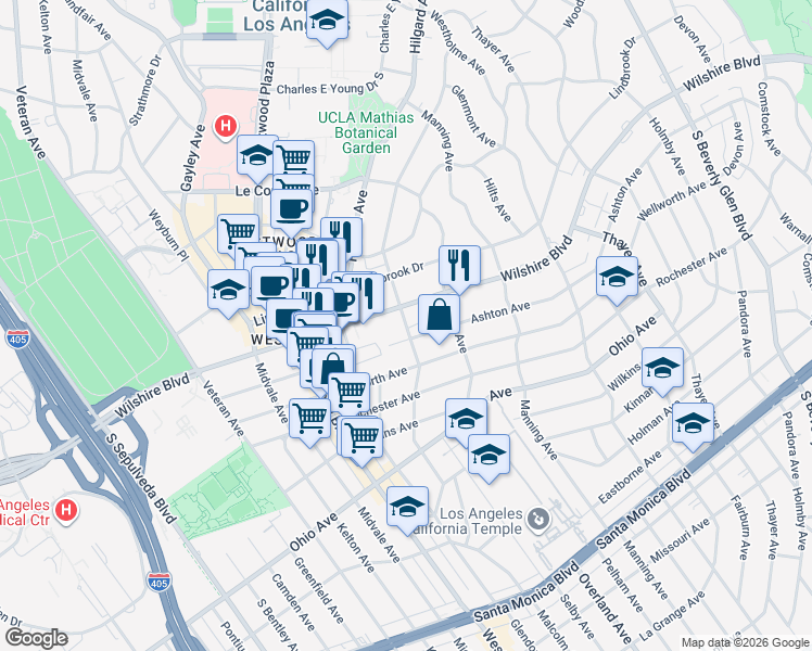 map of restaurants, bars, coffee shops, grocery stores, and more near Malcolm Avenue in Los Angeles