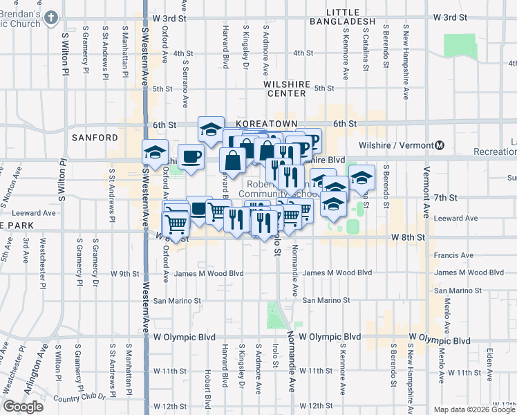 map of restaurants, bars, coffee shops, grocery stores, and more near 729 South Ardmore Avenue in Los Angeles