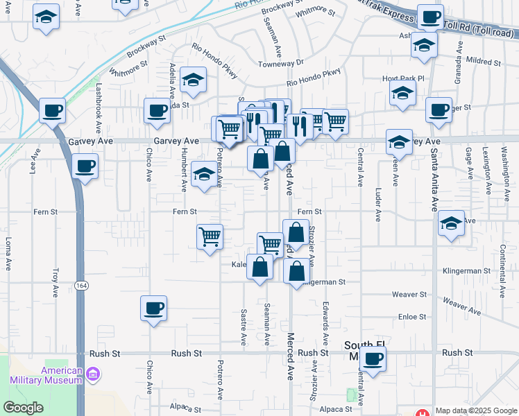 map of restaurants, bars, coffee shops, grocery stores, and more near 2603 Seaman Avenue in El Monte