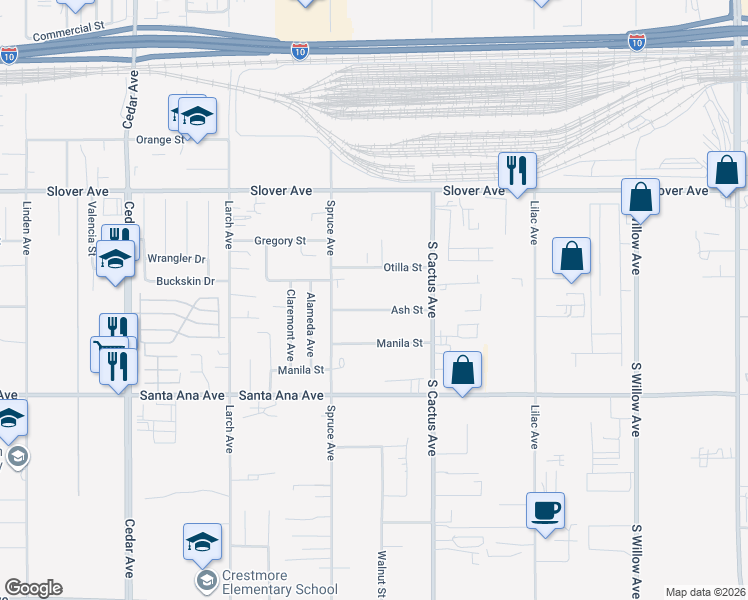 map of restaurants, bars, coffee shops, grocery stores, and more near 19182 Ash Street in Bloomington
