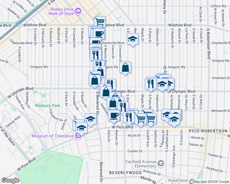 map of restaurants, bars, coffee shops, grocery stores, and more near in Beverly Hills