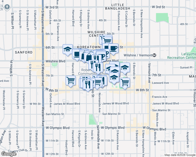 map of restaurants, bars, coffee shops, grocery stores, and more near 715 South Normandie Avenue in Los Angeles