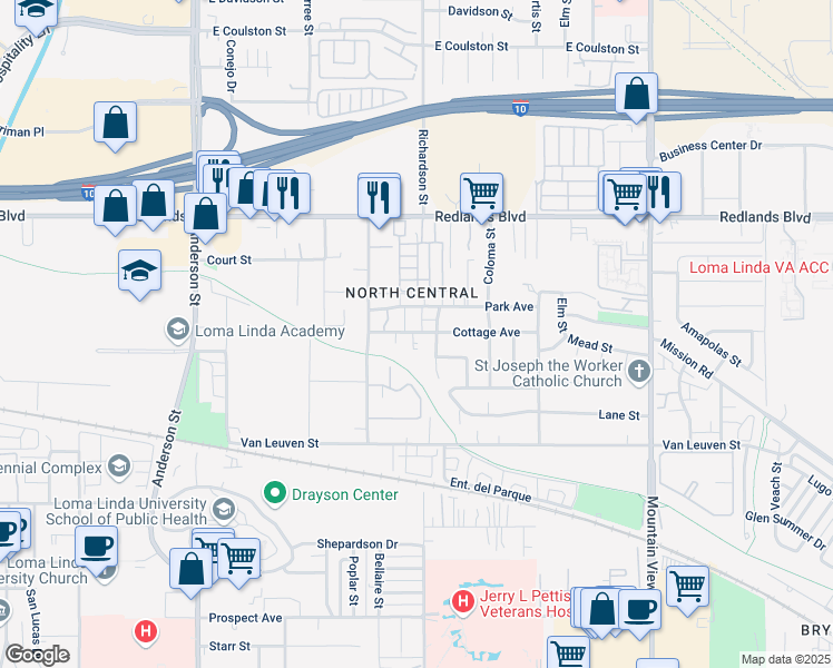map of restaurants, bars, coffee shops, grocery stores, and more near 10720 Lilac Street in Loma Linda