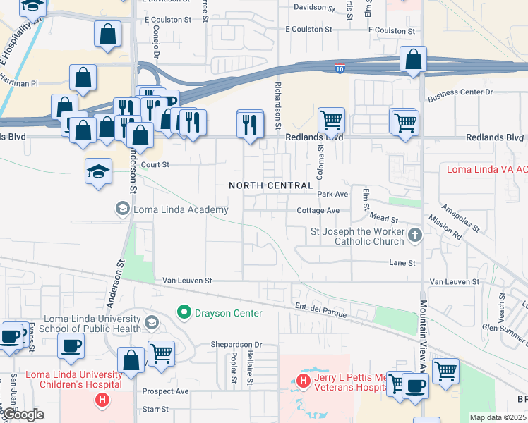 map of restaurants, bars, coffee shops, grocery stores, and more near 25239 Cottage Avenue in Loma Linda