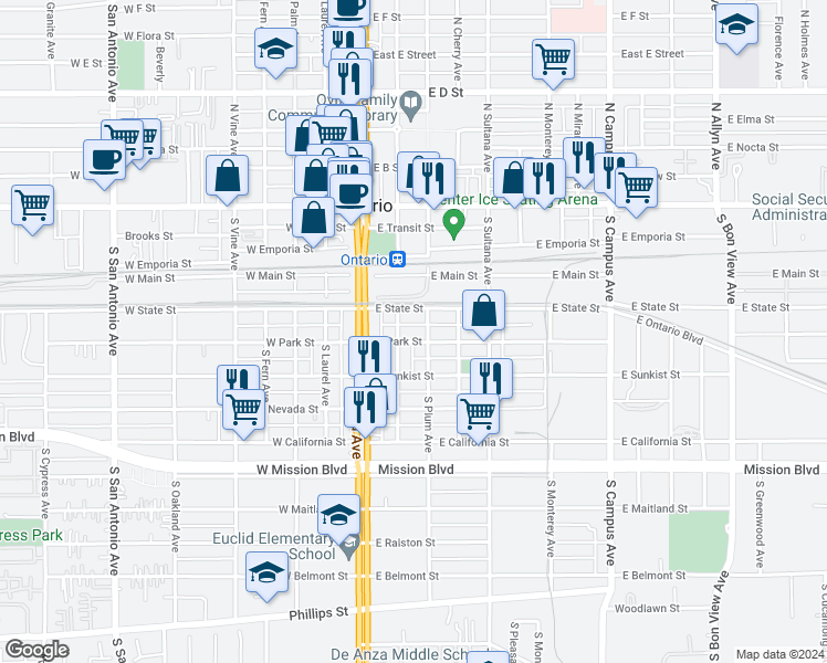 map of restaurants, bars, coffee shops, grocery stores, and more near 203 South Lemon Avenue in Ontario