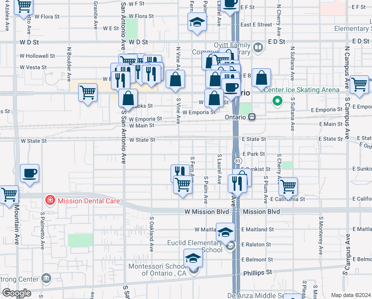 map of restaurants, bars, coffee shops, grocery stores, and more near 4200000 West Park Street in Ontario