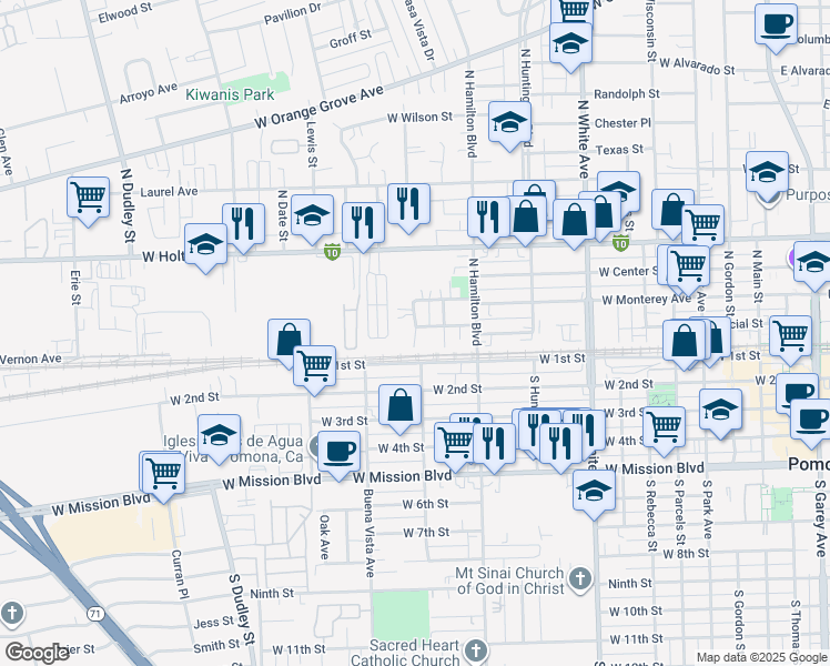 map of restaurants, bars, coffee shops, grocery stores, and more near 131 Newman Street in Pomona