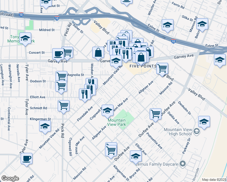 map of restaurants, bars, coffee shops, grocery stores, and more near 2720 Cogswell Road in El Monte