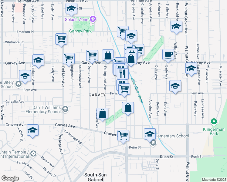 map of restaurants, bars, coffee shops, grocery stores, and more near 8102 Fern Avenue in Rosemead