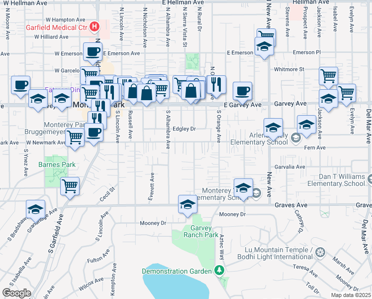 map of restaurants, bars, coffee shops, grocery stores, and more near 414 East Newmark Avenue in Monterey Park