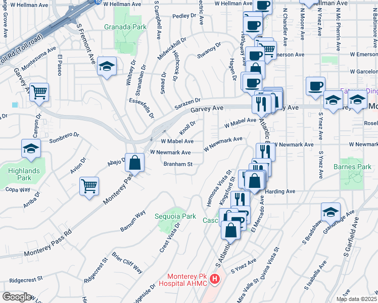 map of restaurants, bars, coffee shops, grocery stores, and more near 1118 West Newmark Avenue in Monterey Park