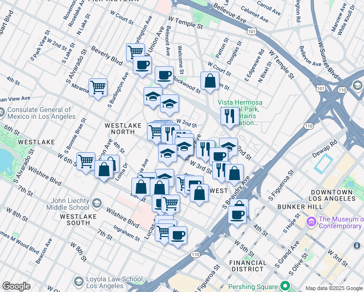 map of restaurants, bars, coffee shops, grocery stores, and more near 275 Lucas Avenue in Los Angeles