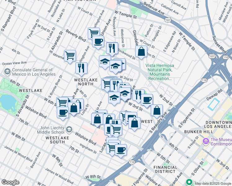 map of restaurants, bars, coffee shops, grocery stores, and more near 1445 West 3rd Street in Los Angeles