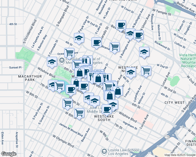 map of restaurants, bars, coffee shops, grocery stores, and more near 512 South Bonnie Brae Street in Los Angeles