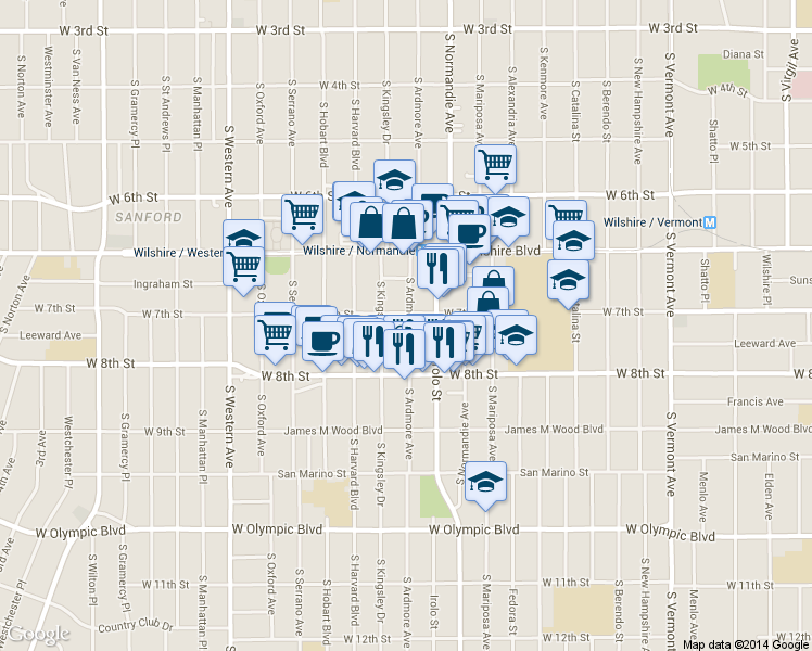map of restaurants, bars, coffee shops, grocery stores, and more near 729 South Ardmore Avenue in Los Angeles