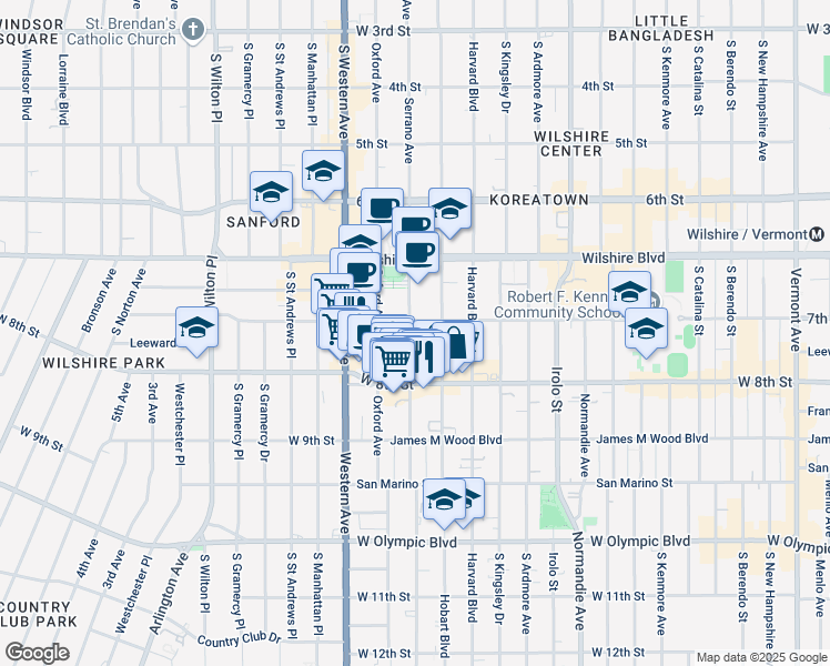 map of restaurants, bars, coffee shops, grocery stores, and more near 730 South Serrano Avenue in Los Angeles