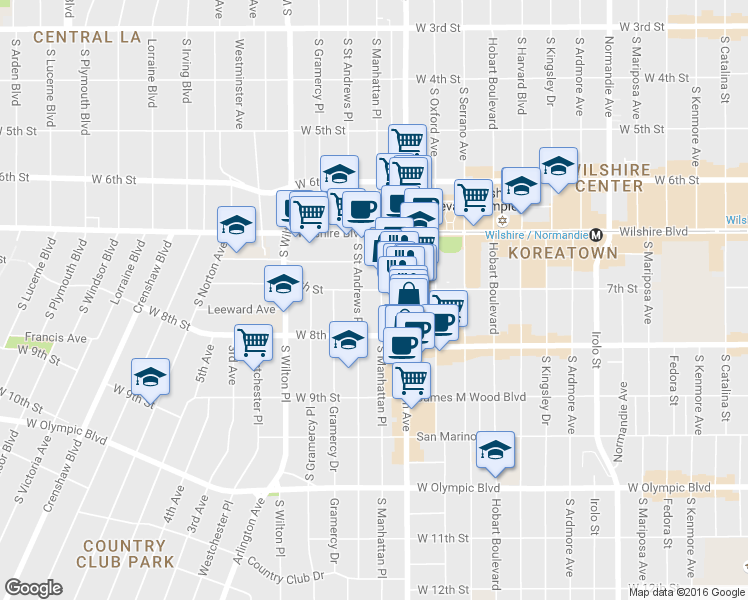 map of restaurants, bars, coffee shops, grocery stores, and more near 718 South Saint Andrews Place in Los Angeles
