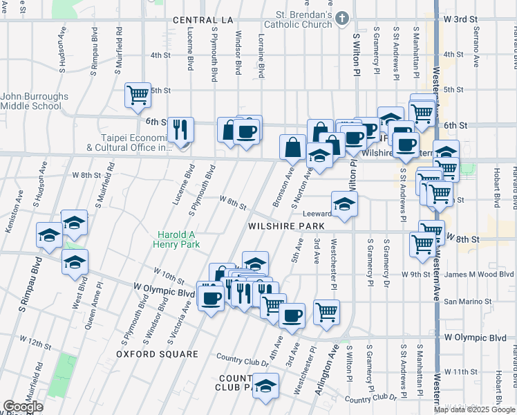 map of restaurants, bars, coffee shops, grocery stores, and more near 750 Crenshaw Boulevard in Los Angeles