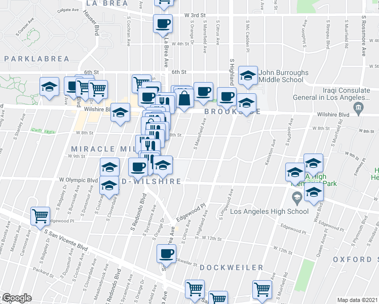map of restaurants, bars, coffee shops, grocery stores, and more near 5215 West 9th Street in Los Angeles