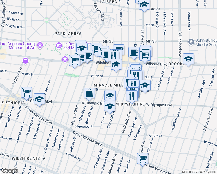 map of restaurants, bars, coffee shops, grocery stores, and more near in Los Angeles