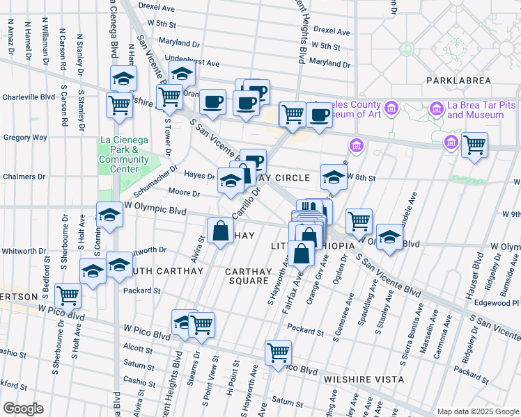 map of restaurants, bars, coffee shops, grocery stores, and more near 986 Stearns Drive in Los Angeles