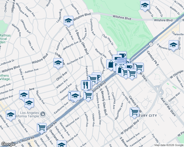 map of restaurants, bars, coffee shops, grocery stores, and more near 1616 South Beverly Glen Boulevard in Los Angeles
