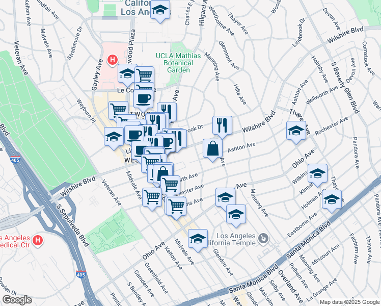 map of restaurants, bars, coffee shops, grocery stores, and more near 10811 Ashton Avenue in Los Angeles