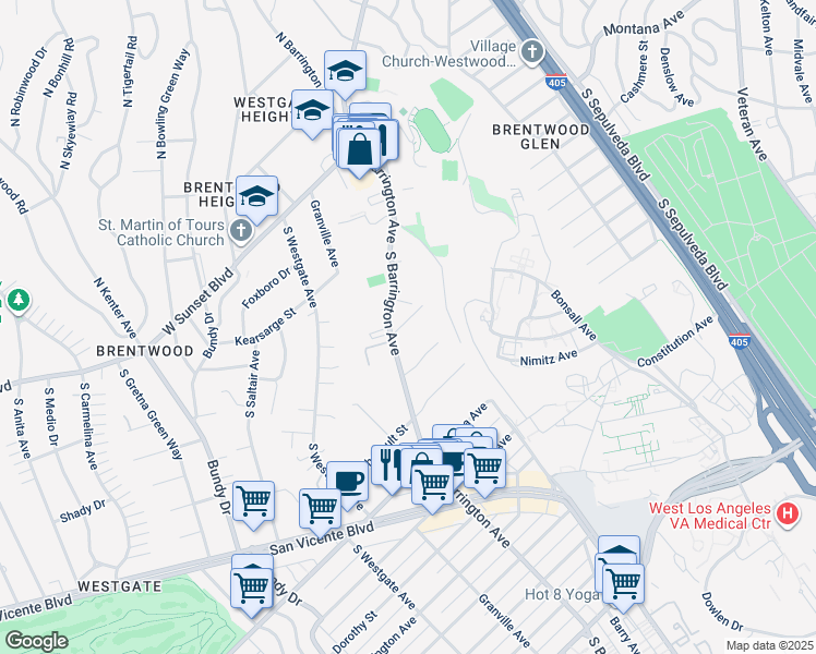 map of restaurants, bars, coffee shops, grocery stores, and more near 555 South Barrington Avenue in Los Angeles