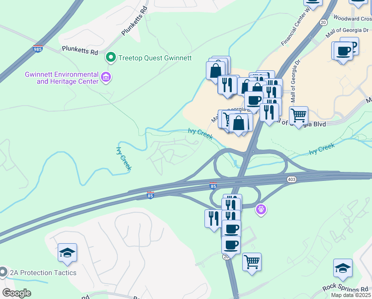 map of restaurants, bars, coffee shops, grocery stores, and more near 1395 Mall of Georgia Boulevard in Buford