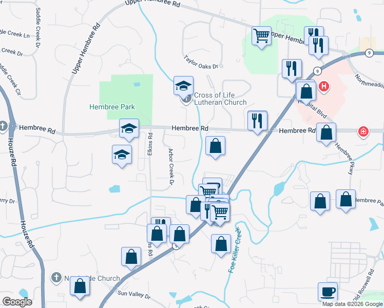 map of restaurants, bars, coffee shops, grocery stores, and more near 345 Arbor Creek Trail in Roswell