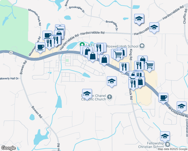 map of restaurants, bars, coffee shops, grocery stores, and more near 1409 Waters Edge Trail in Roswell