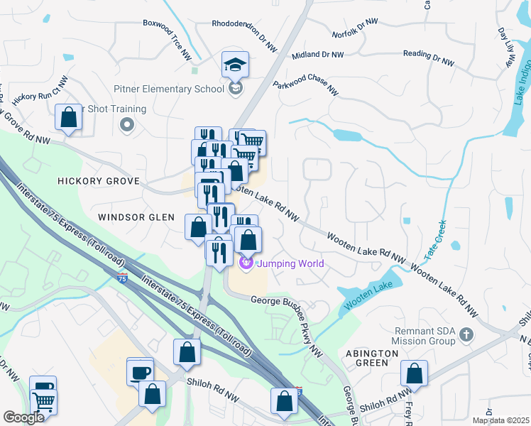 map of restaurants, bars, coffee shops, grocery stores, and more near 1393 Halpern Lane Northwest in Kennesaw