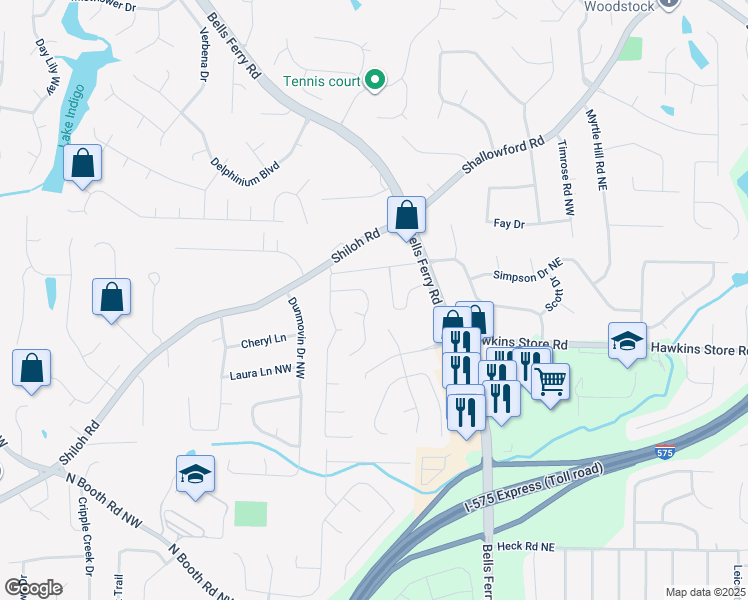 map of restaurants, bars, coffee shops, grocery stores, and more near 436 Laurian Way Northwest in Kennesaw