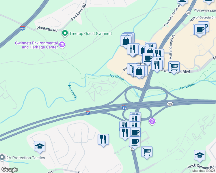 map of restaurants, bars, coffee shops, grocery stores, and more near 1400 Mall of Georgia Boulevard in Buford