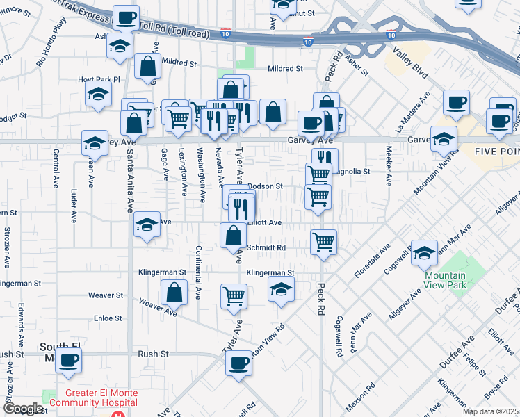 map of restaurants, bars, coffee shops, grocery stores, and more near 2659 California Avenue in El Monte