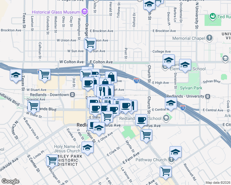 map of restaurants, bars, coffee shops, grocery stores, and more near 320 East Stuart Avenue in Redlands