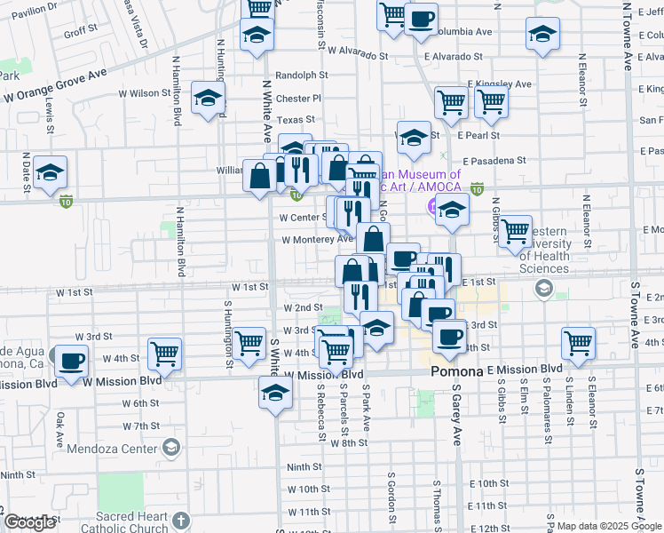 map of restaurants, bars, coffee shops, grocery stores, and more near 450 West Commercial Street in Pomona