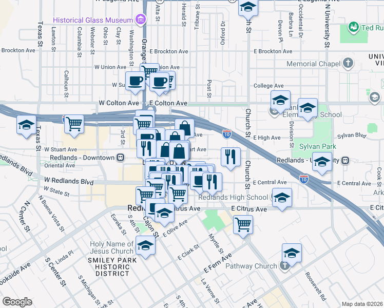 map of restaurants, bars, coffee shops, grocery stores, and more near 320 East Stuart Avenue in Redlands
