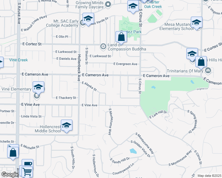 map of restaurants, bars, coffee shops, grocery stores, and more near 843 South Montezuma Way in West Covina