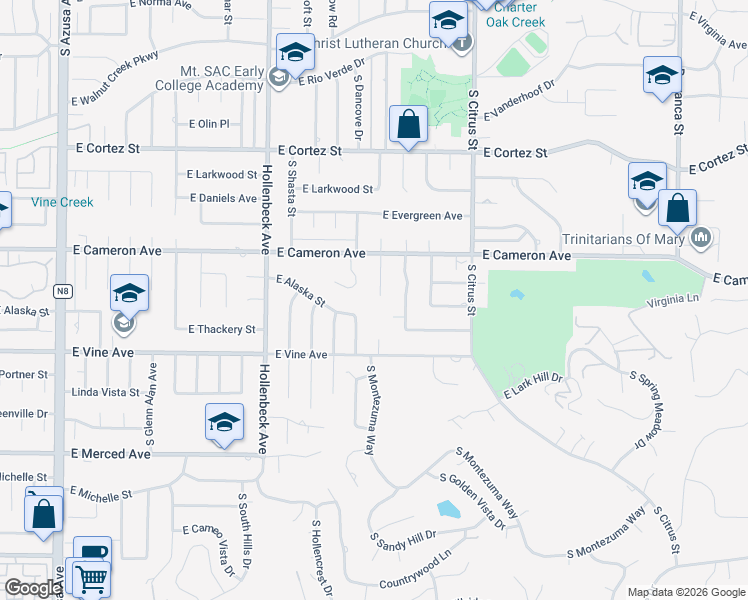 map of restaurants, bars, coffee shops, grocery stores, and more near 843 South Montezuma Way in West Covina