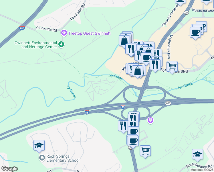 map of restaurants, bars, coffee shops, grocery stores, and more near 1400 Mall of Georgia Boulevard in Buford