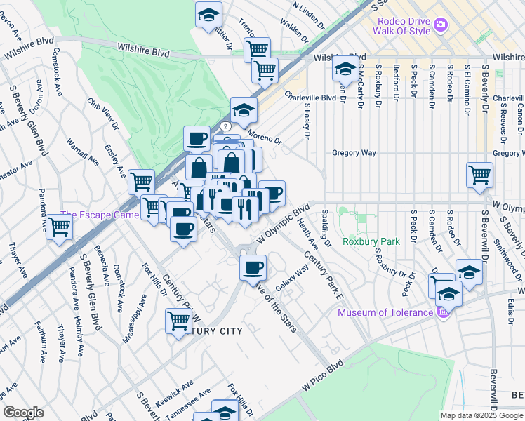 map of restaurants, bars, coffee shops, grocery stores, and more near 2049 Century Park East in Los Angeles