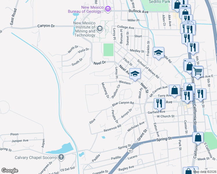 map of restaurants, bars, coffee shops, grocery stores, and more near 115 Mustang Drive in Socorro